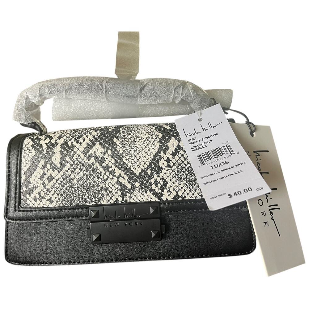 Nicole Miller NY crossbody shoulder bag black white snake print flap close NWT - Picture 2 of 8
